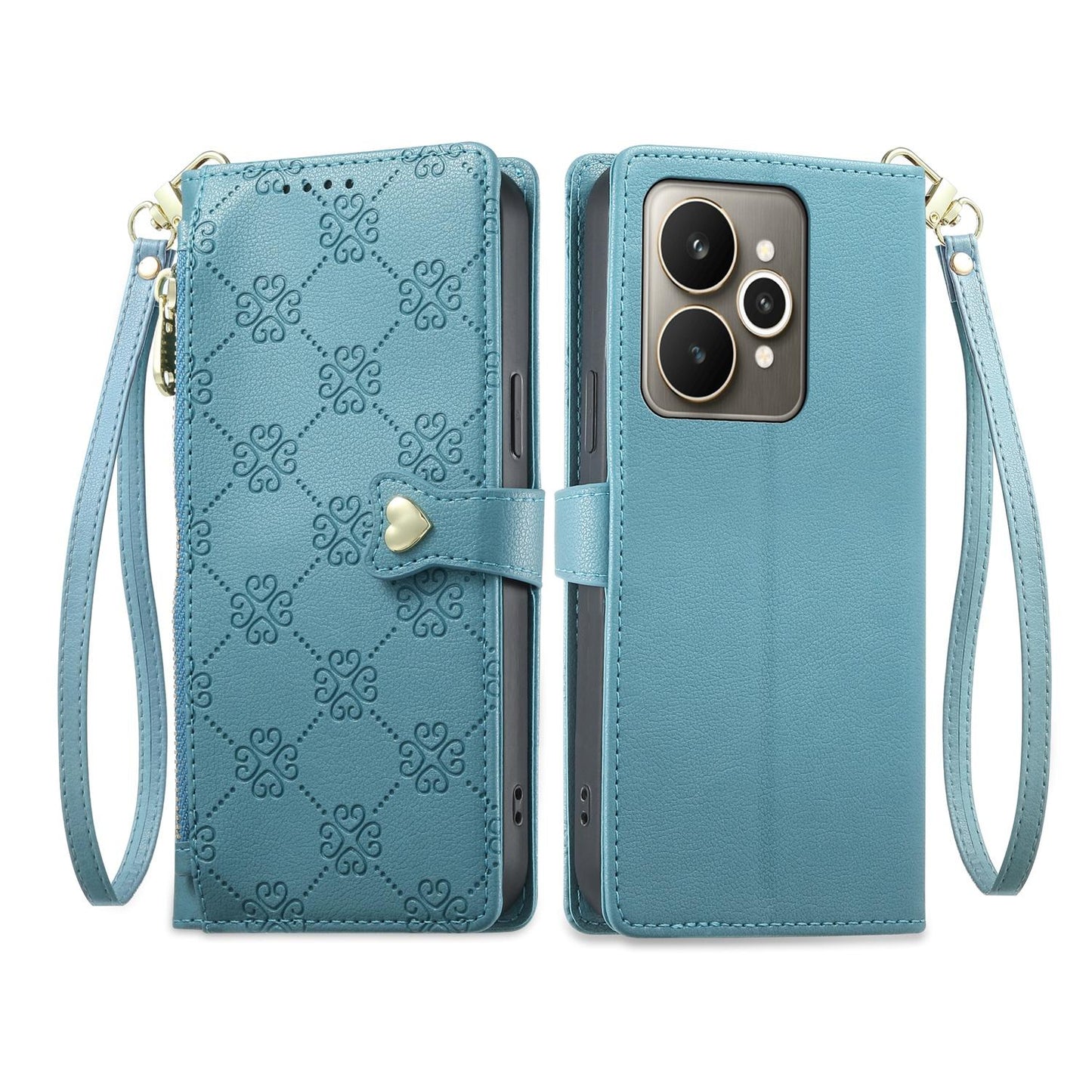 For Realme 15 5G / Realme 15 Pro 5G Zipper Wallet Heart Buckle Vegan Leather Phone Case with Wrist Strap(Lake Blue)