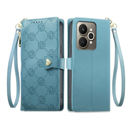 For Realme 15 5G / Realme 15 Pro 5G Zipper Wallet Heart Buckle Vegan Leather Phone Case with Wrist Strap(Lake Blue)