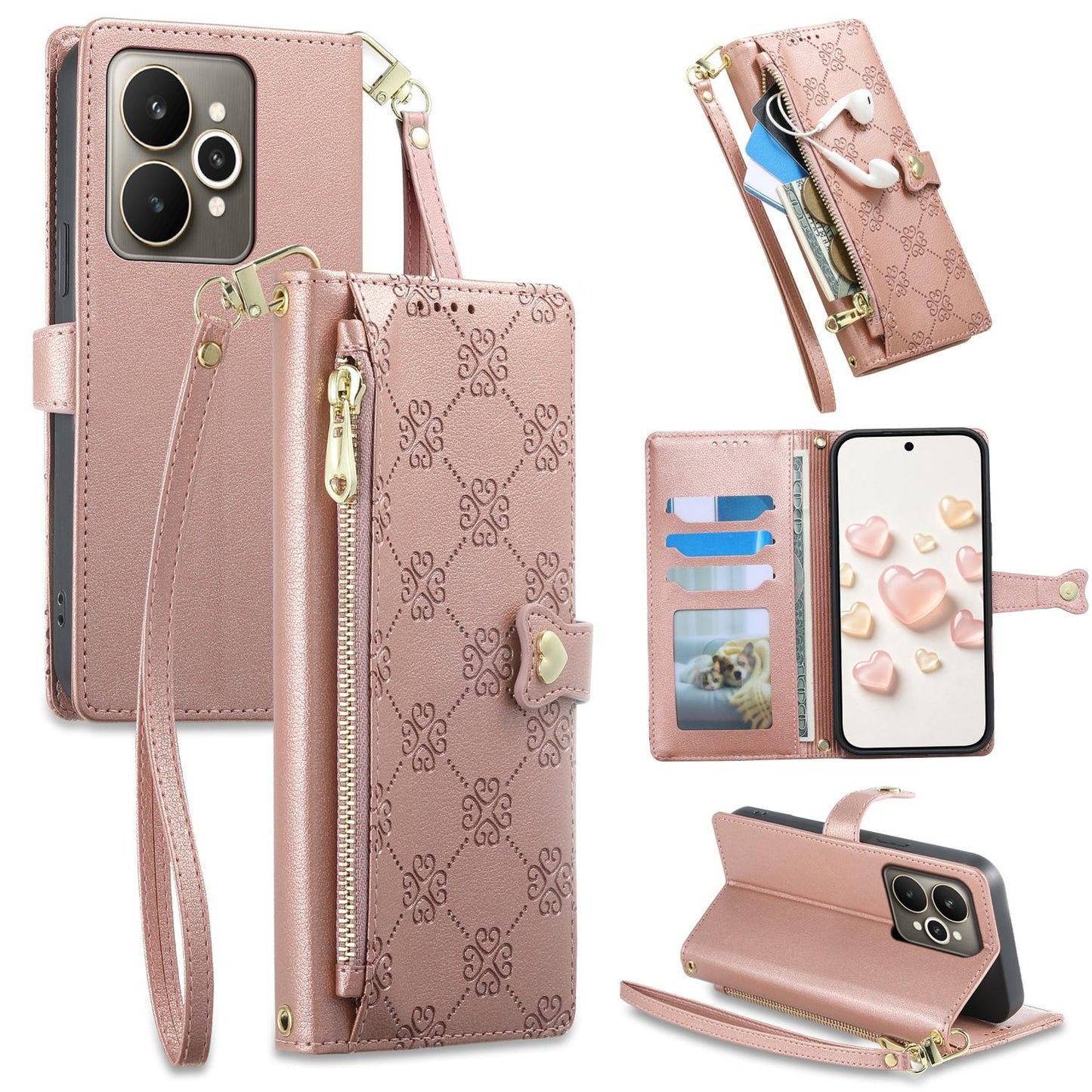 For Realme 15 5G / Realme 15 Pro 5G Zipper Wallet Heart Buckle Vegan Leather Phone Case with Wrist Strap(Pink)