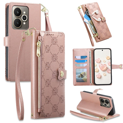 For Realme 15 5G / Realme 15 Pro 5G Zipper Wallet Heart Buckle Vegan Leather Phone Case with Wrist Strap(Pink)