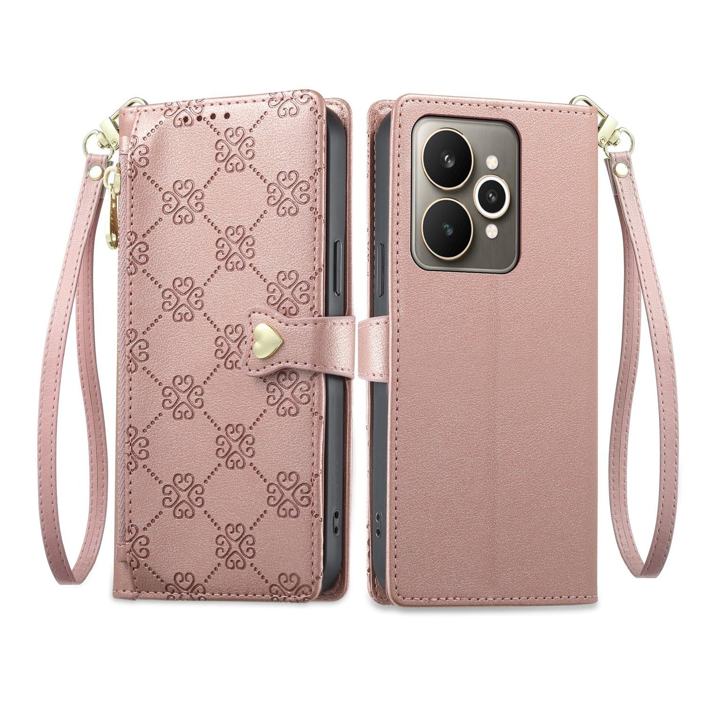 For Realme 15 5G / Realme 15 Pro 5G Zipper Wallet Heart Buckle Vegan Leather Phone Case with Wrist Strap(Pink)