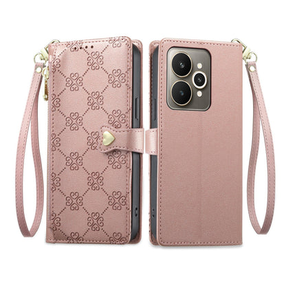 For Realme 15 5G / Realme 15 Pro 5G Zipper Wallet Heart Buckle Vegan Leather Phone Case with Wrist Strap(Pink)