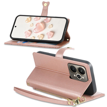 For Realme 15 5G / Realme 15 Pro 5G Zipper Wallet Heart Buckle Vegan Leather Phone Case with Wrist Strap(Pink)