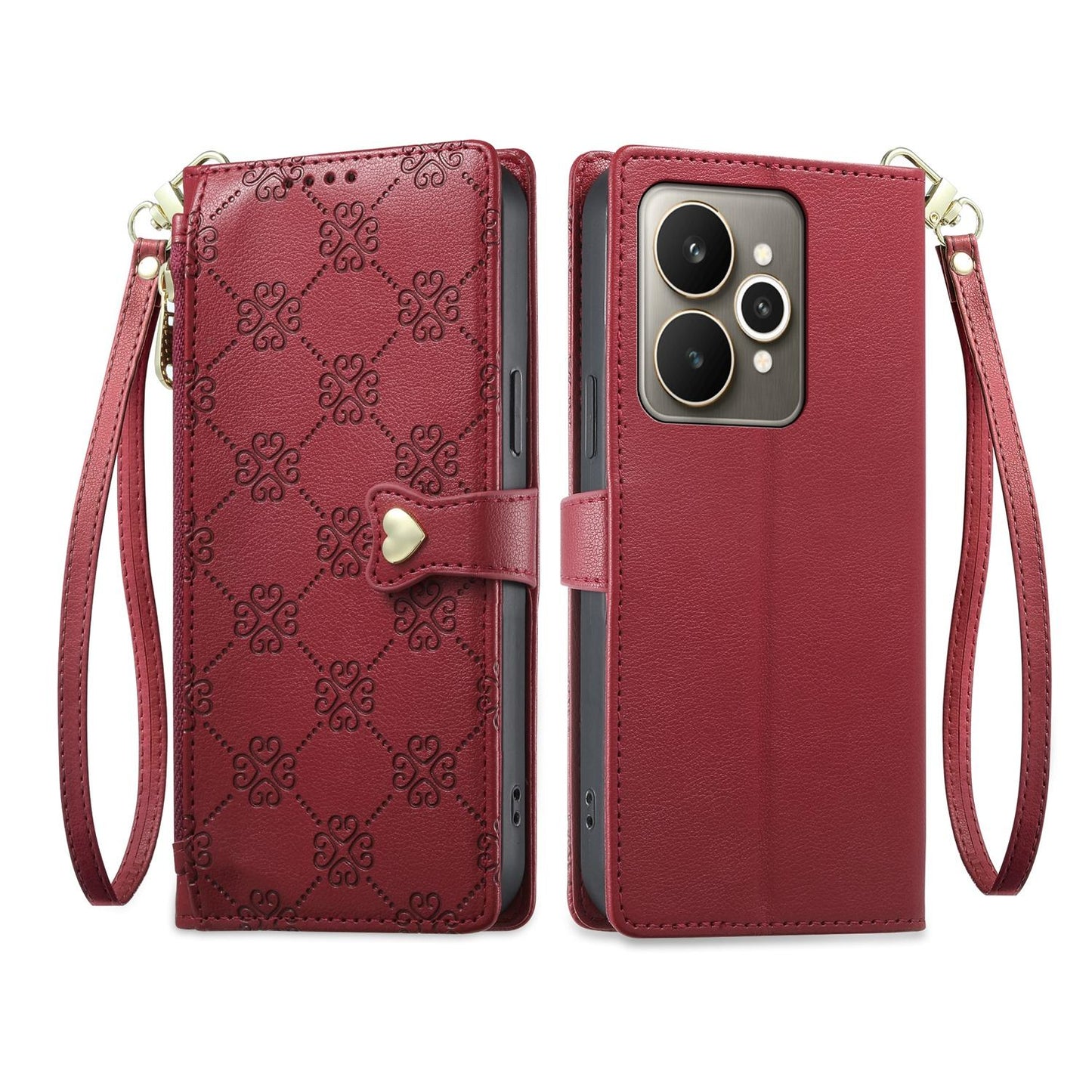 For Realme 15 5G / Realme 15 Pro 5G Zipper Wallet Heart Buckle Vegan Leather Phone Case with Wrist Strap(Red)