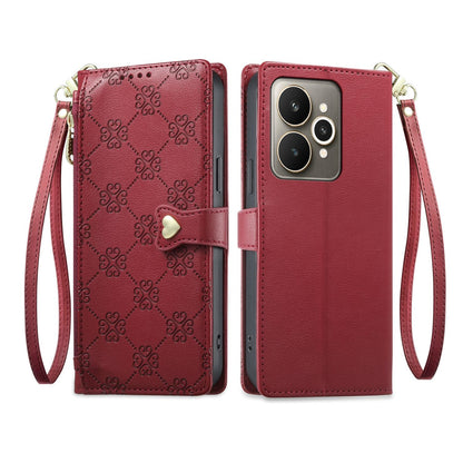 For Realme 15 5G / Realme 15 Pro 5G Zipper Wallet Heart Buckle Vegan Leather Phone Case with Wrist Strap(Red)