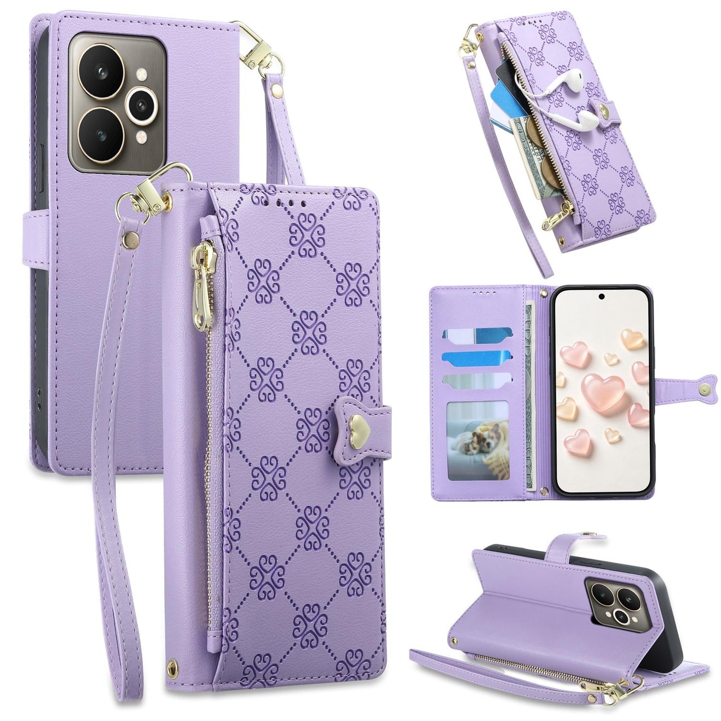 For Realme 15 5G / Realme 15 Pro 5G Zipper Wallet Heart Buckle Vegan Leather Phone Case with Wrist Strap(Purple)