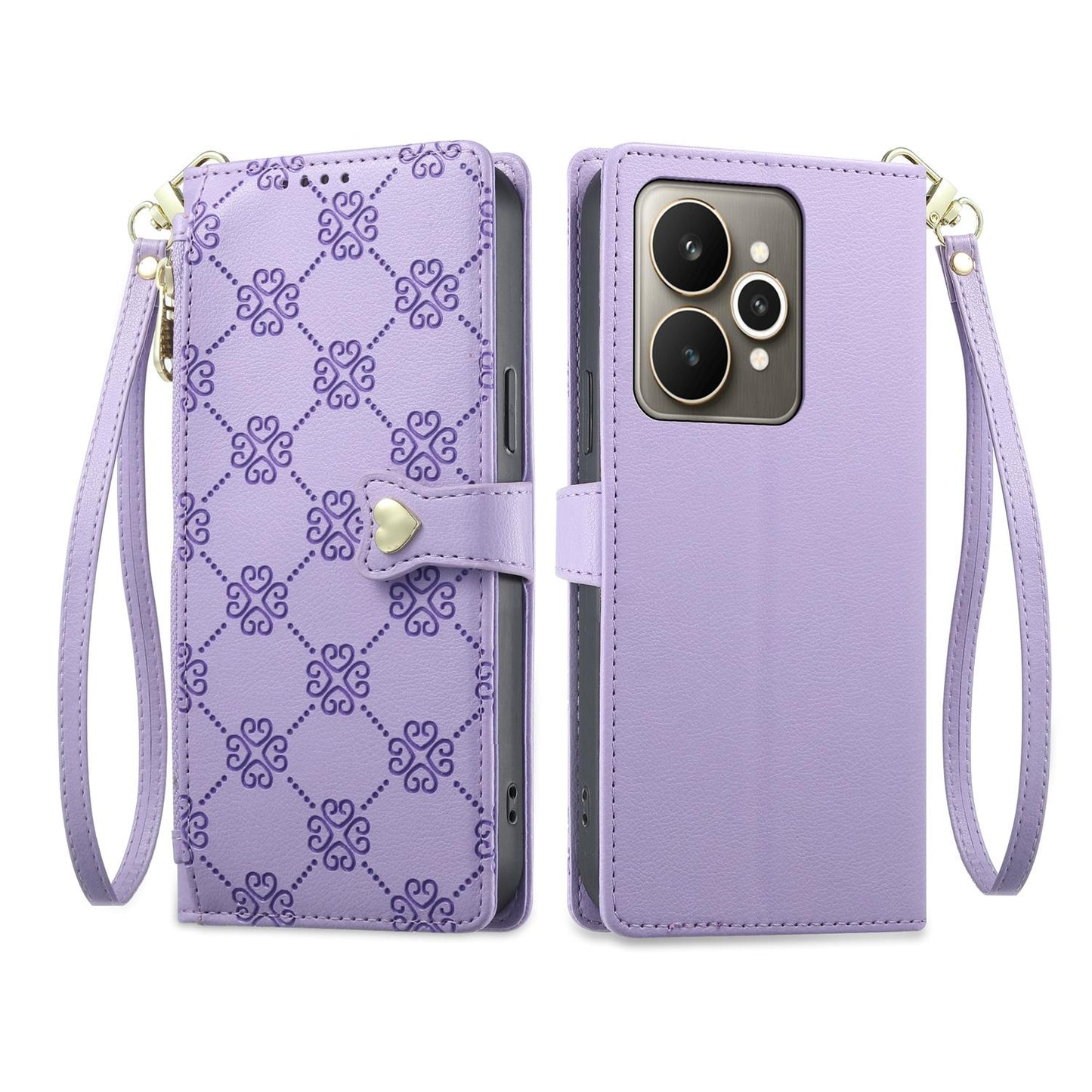 For Realme 15 5G / Realme 15 Pro 5G Zipper Wallet Heart Buckle Vegan Leather Phone Case with Wrist Strap(Purple)