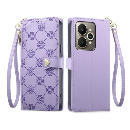 For Realme 15 5G / Realme 15 Pro 5G Zipper Wallet Heart Buckle Vegan Leather Phone Case with Wrist Strap(Purple)