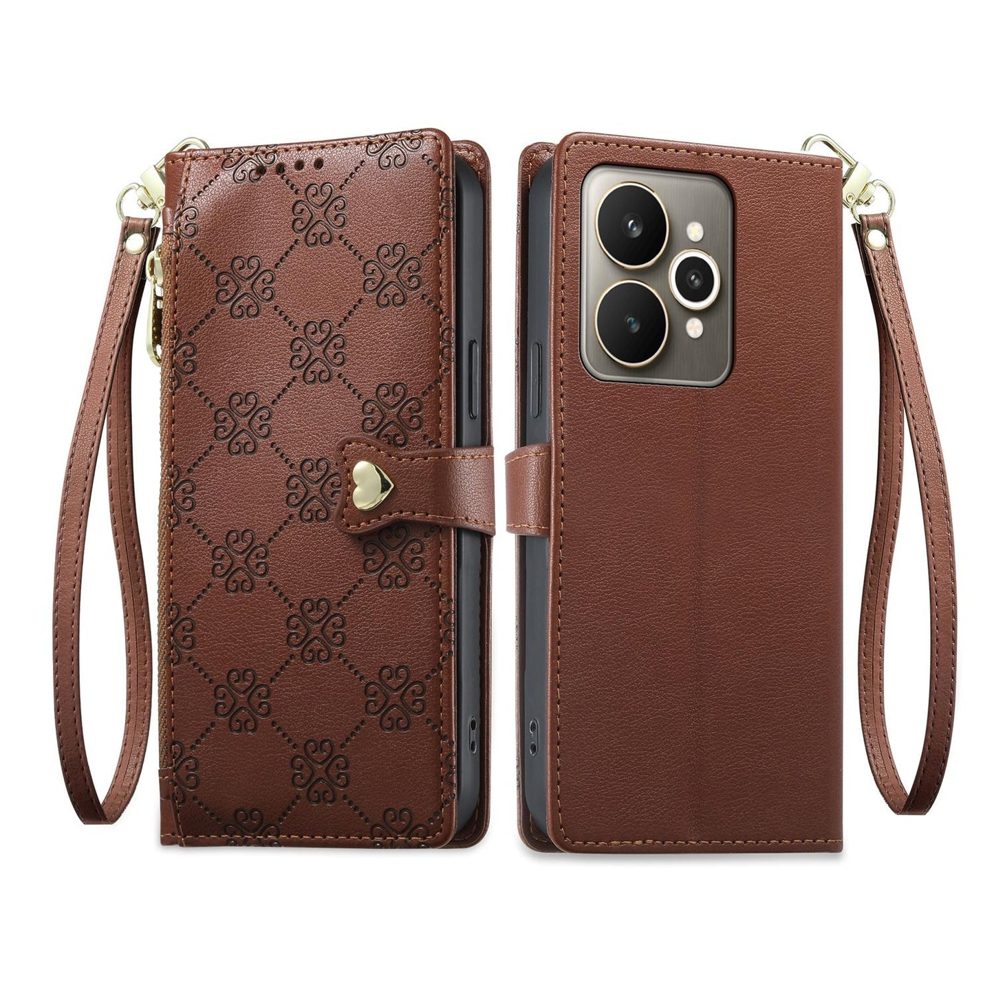 For Realme 15 5G / Realme 15 Pro 5G Zipper Wallet Heart Buckle Vegan Leather Phone Case with Wrist Strap(Brown)
