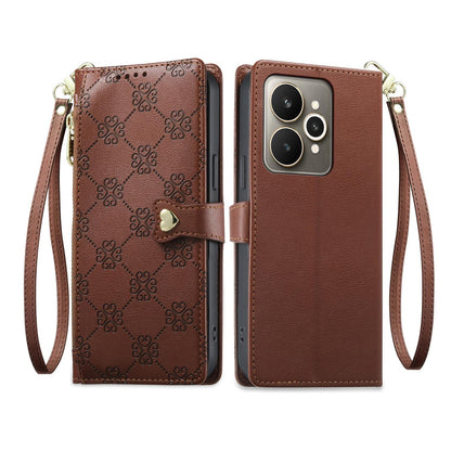 For Realme 15 5G / Realme 15 Pro 5G Zipper Wallet Heart Buckle Vegan Leather Phone Case with Wrist Strap(Brown)