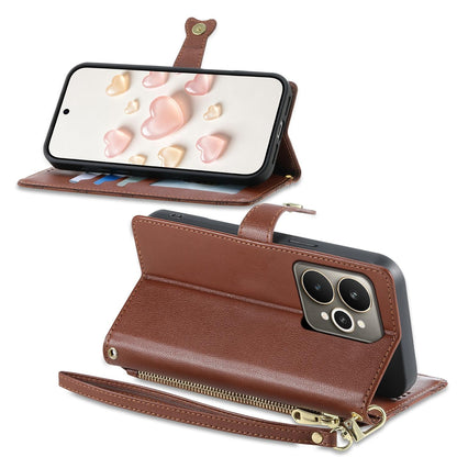 For Realme 15 5G / Realme 15 Pro 5G Zipper Wallet Heart Buckle Vegan Leather Phone Case with Wrist Strap(Brown)