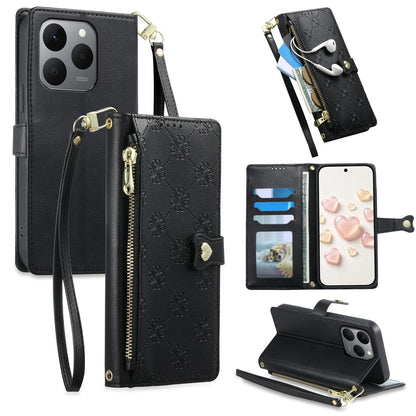 For Realme 15T 5G Zipper Wallet Heart Buckle Vegan Leather Phone Case with Wrist Strap(Black)