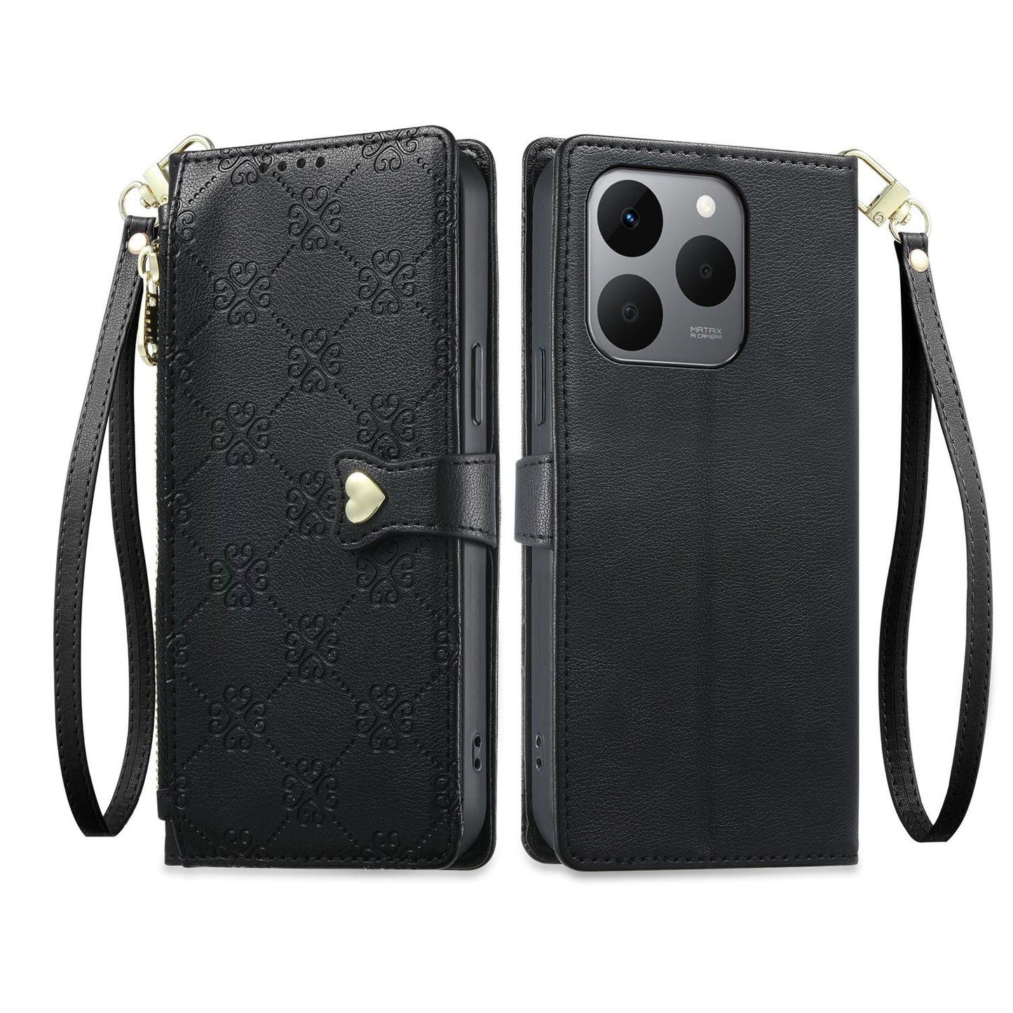 For Realme 15T 5G Zipper Wallet Heart Buckle Vegan Leather Phone Case with Wrist Strap(Black)