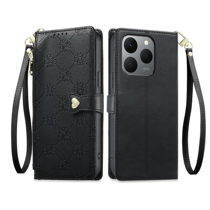 For Realme 15T 5G Zipper Wallet Heart Buckle Vegan Leather Phone Case with Wrist Strap(Black)