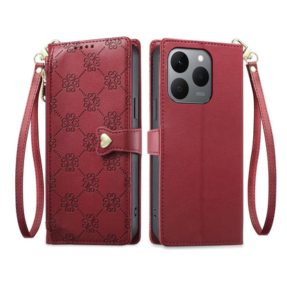 For Realme 15T 5G Zipper Wallet Heart Buckle Vegan Leather Phone Case with Wrist Strap(Red)