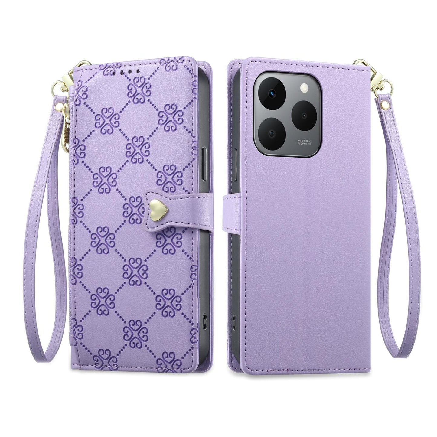 For Realme 15T 5G Zipper Wallet Heart Buckle Vegan Leather Phone Case with Wrist Strap(Purple)