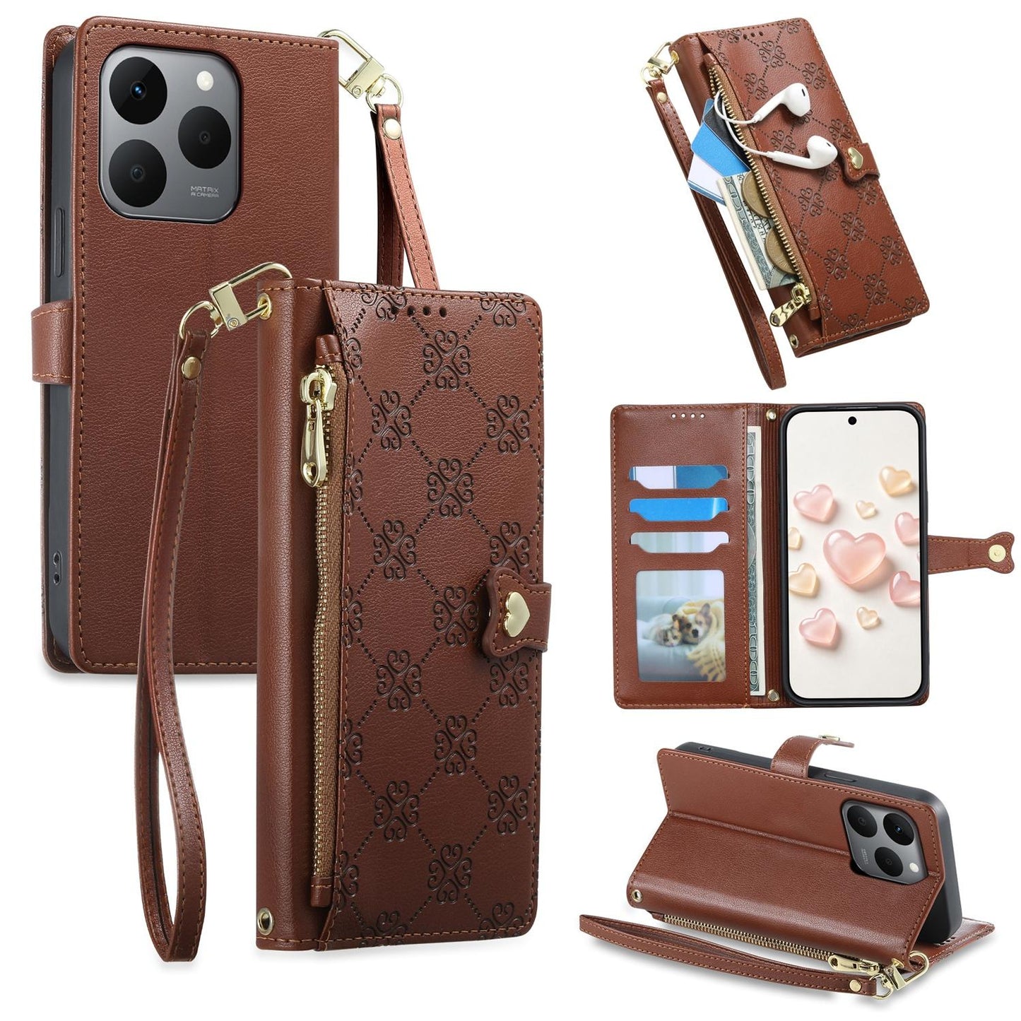 For Realme 15T 5G Zipper Wallet Heart Buckle Vegan Leather Phone Case with Wrist Strap(Brown)