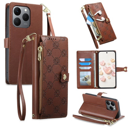For Realme 15T 5G Zipper Wallet Heart Buckle Vegan Leather Phone Case with Wrist Strap(Brown)