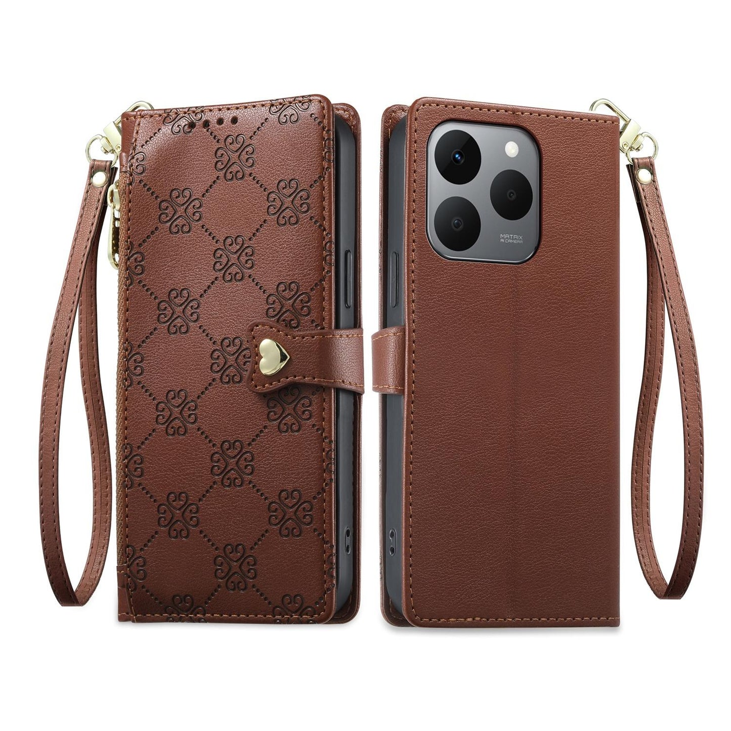 For Realme 15T 5G Zipper Wallet Heart Buckle Vegan Leather Phone Case with Wrist Strap(Brown)