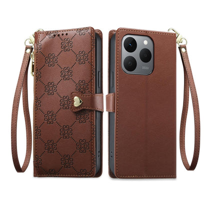 For Realme 15T 5G Zipper Wallet Heart Buckle Vegan Leather Phone Case with Wrist Strap(Brown)
