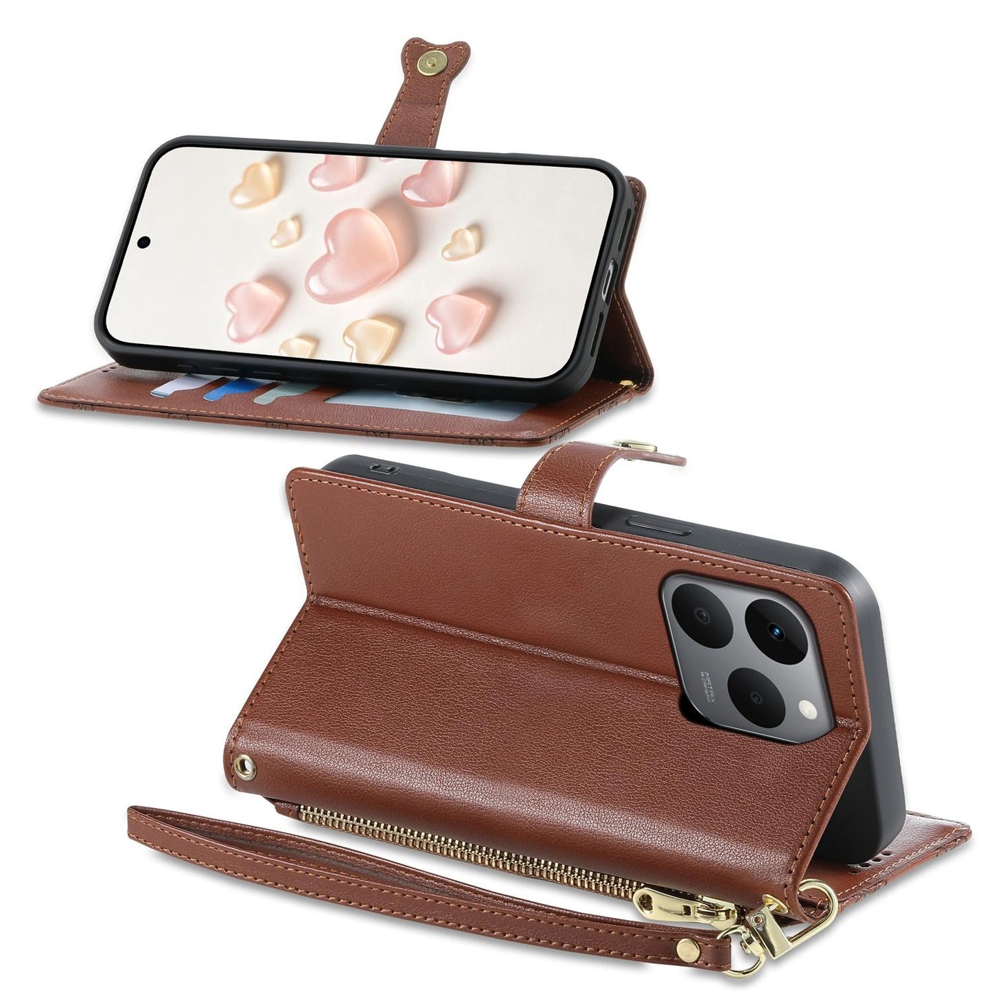 For Realme 15T 5G Zipper Wallet Heart Buckle Vegan Leather Phone Case with Wrist Strap(Brown)