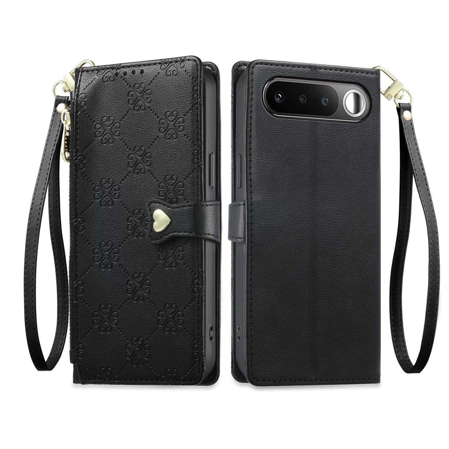 For Realme 16 5G Zipper Wallet Heart Buckle Vegan Leather Phone Case with Wrist Strap(Black)
