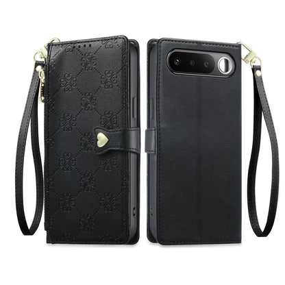 For Realme 16 5G Zipper Wallet Heart Buckle Vegan Leather Phone Case with Wrist Strap(Black)