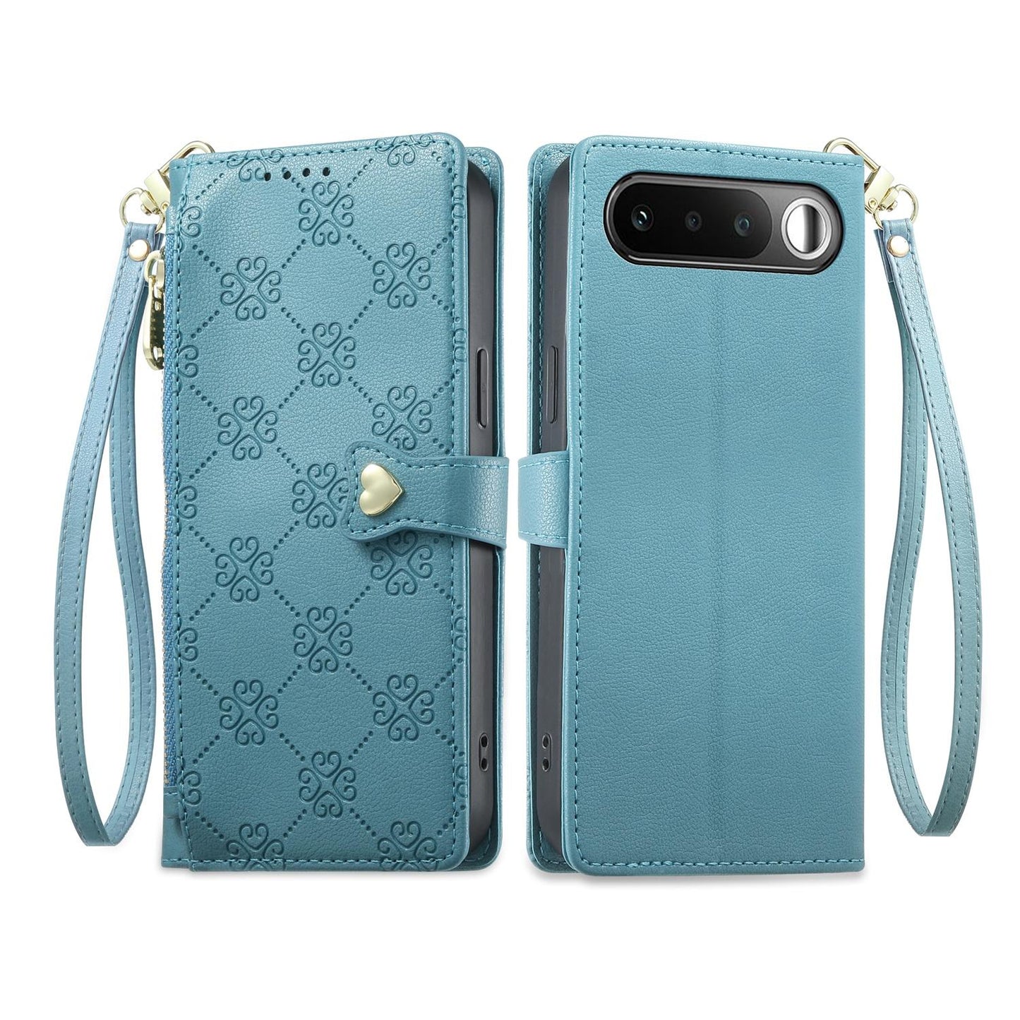 For Realme 16 5G Zipper Wallet Heart Buckle Vegan Leather Phone Case with Wrist Strap(Lake Blue)