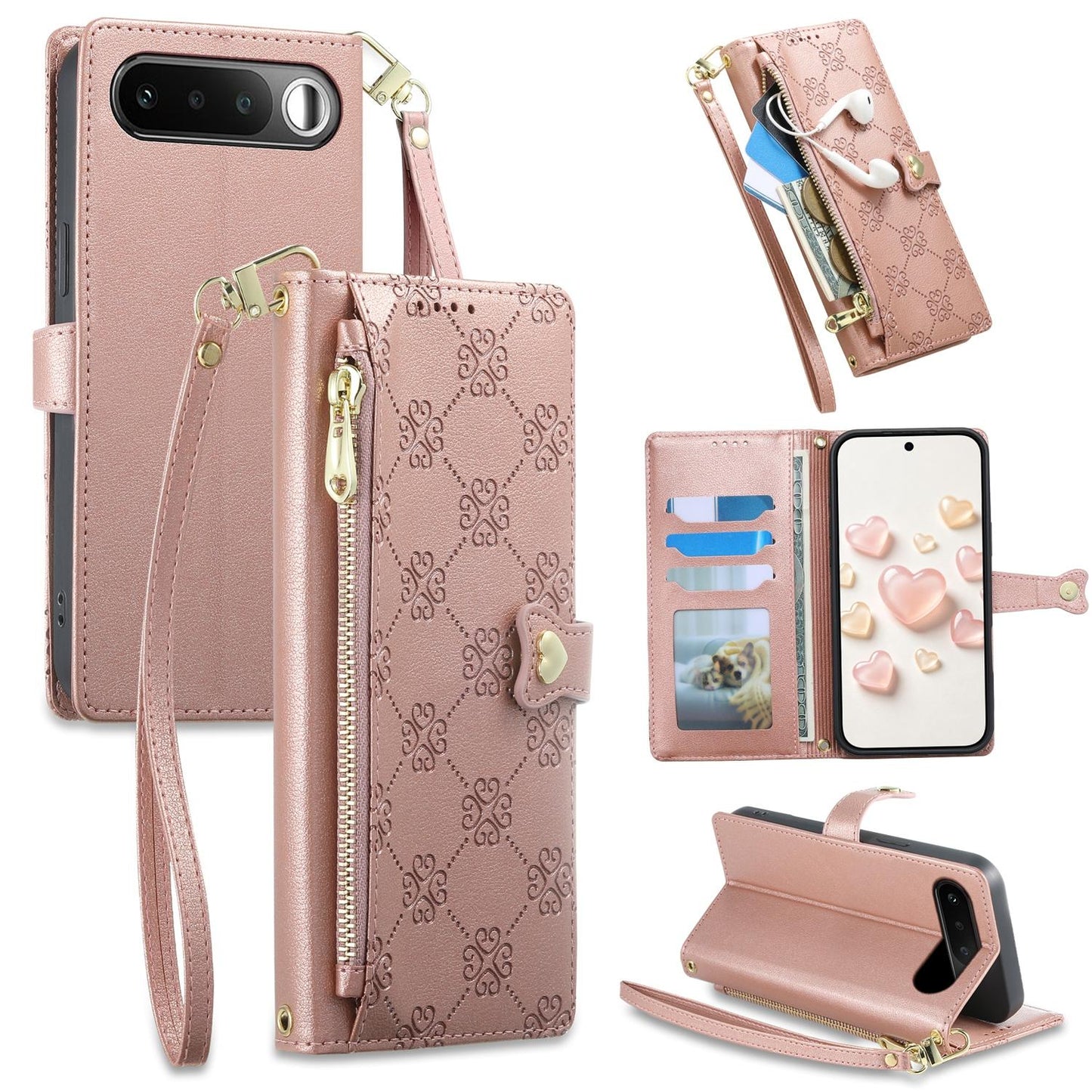 For Realme 16 5G Zipper Wallet Heart Buckle Vegan Leather Phone Case with Wrist Strap(Pink)