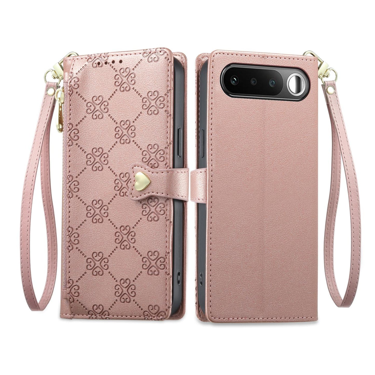 For Realme 16 5G Zipper Wallet Heart Buckle Vegan Leather Phone Case with Wrist Strap(Pink)