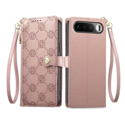 For Realme 16 5G Zipper Wallet Heart Buckle Vegan Leather Phone Case with Wrist Strap(Pink)