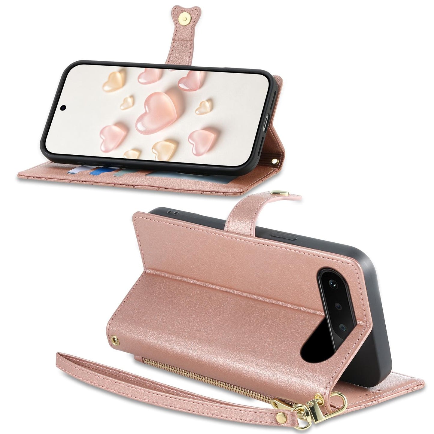For Realme 16 5G Zipper Wallet Heart Buckle Vegan Leather Phone Case with Wrist Strap(Pink)