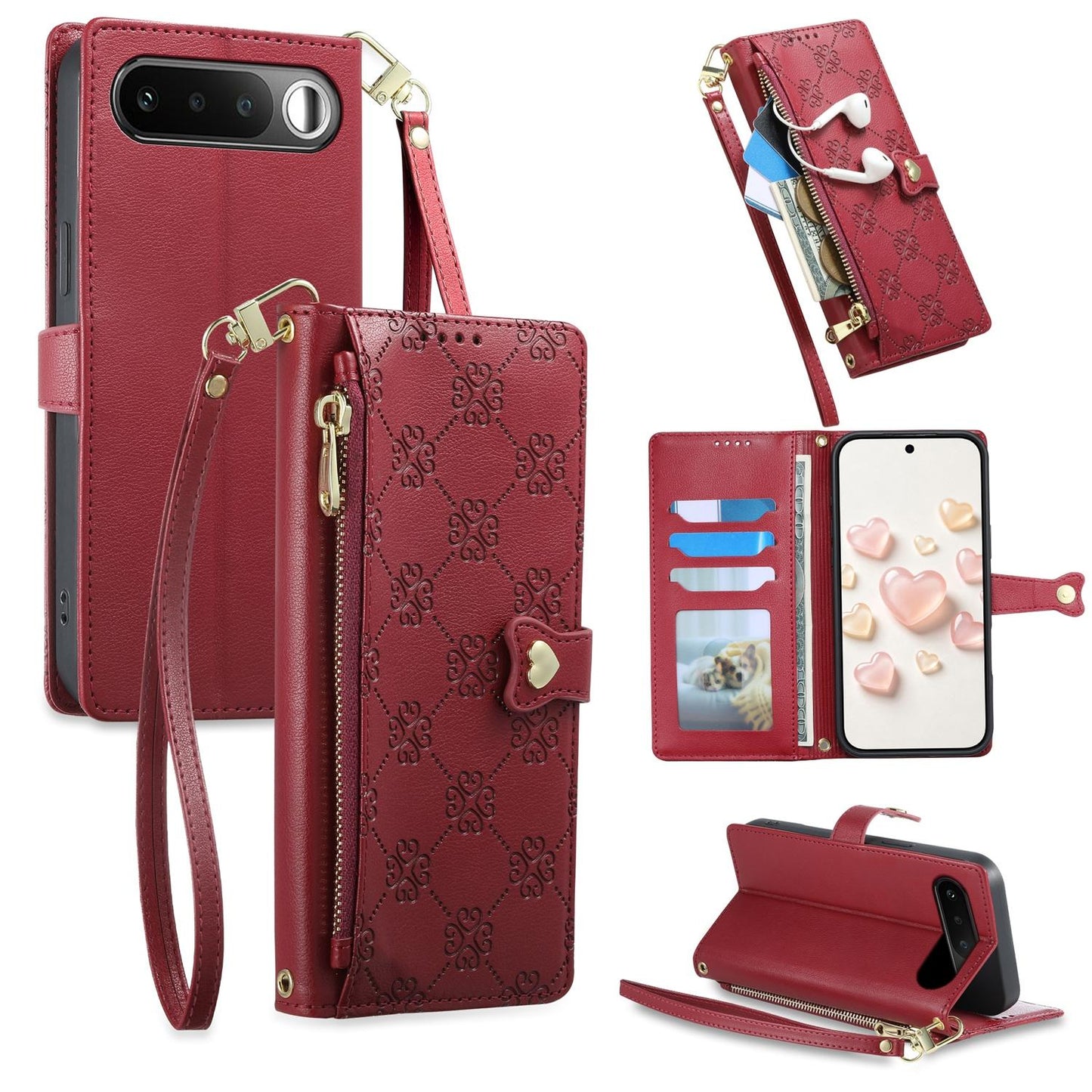 For Realme 16 5G Zipper Wallet Heart Buckle Vegan Leather Phone Case with Wrist Strap(Red)