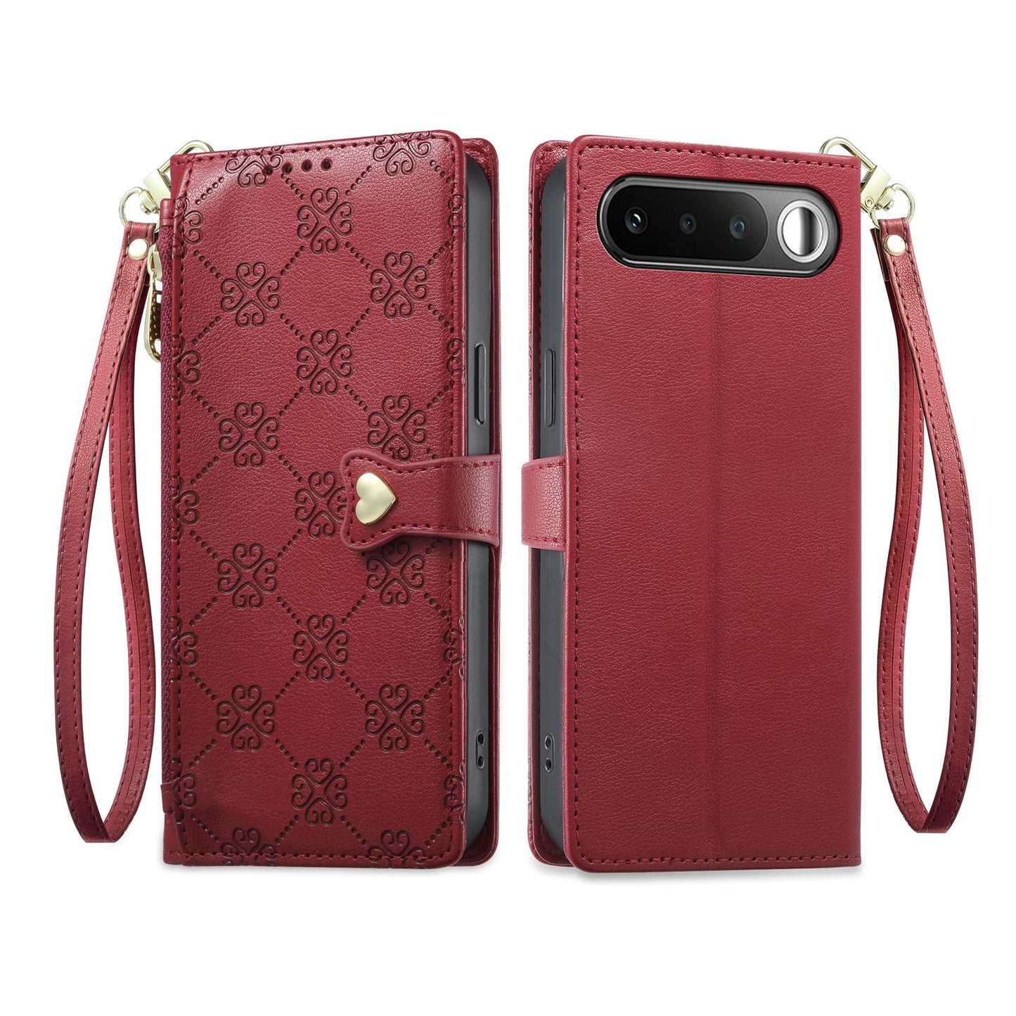 For Realme 16 5G Zipper Wallet Heart Buckle Vegan Leather Phone Case with Wrist Strap(Red)