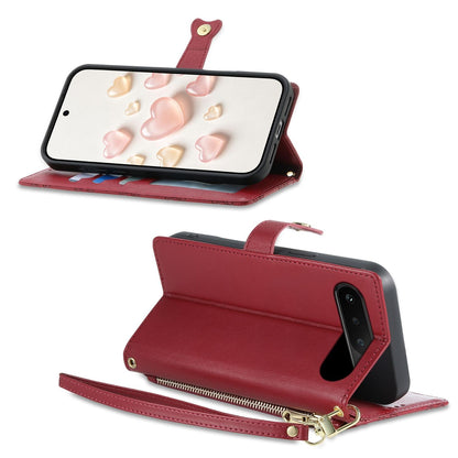For Realme 16 5G Zipper Wallet Heart Buckle Vegan Leather Phone Case with Wrist Strap(Red)