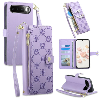 For Realme 16 5G Zipper Wallet Heart Buckle Vegan Leather Phone Case with Wrist Strap(Purple)