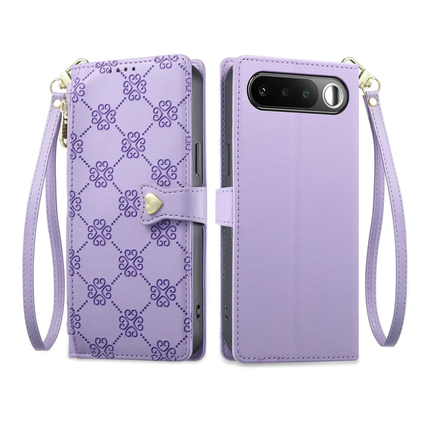 For Realme 16 5G Zipper Wallet Heart Buckle Vegan Leather Phone Case with Wrist Strap(Purple)