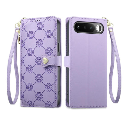 For Realme 16 5G Zipper Wallet Heart Buckle Vegan Leather Phone Case with Wrist Strap(Purple)