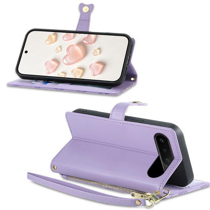For Realme 16 5G Zipper Wallet Heart Buckle Vegan Leather Phone Case with Wrist Strap(Purple)