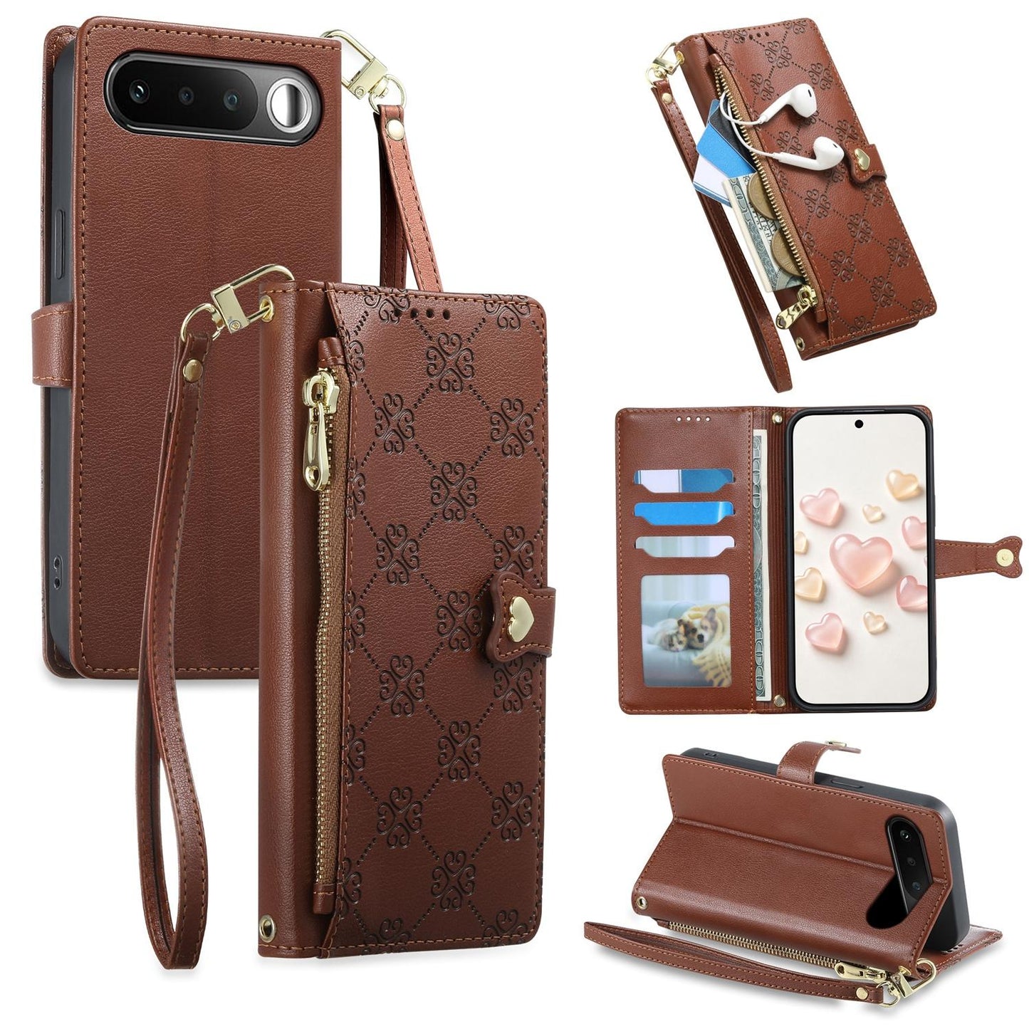 For Realme 16 5G Zipper Wallet Heart Buckle Vegan Leather Phone Case with Wrist Strap(Brown)