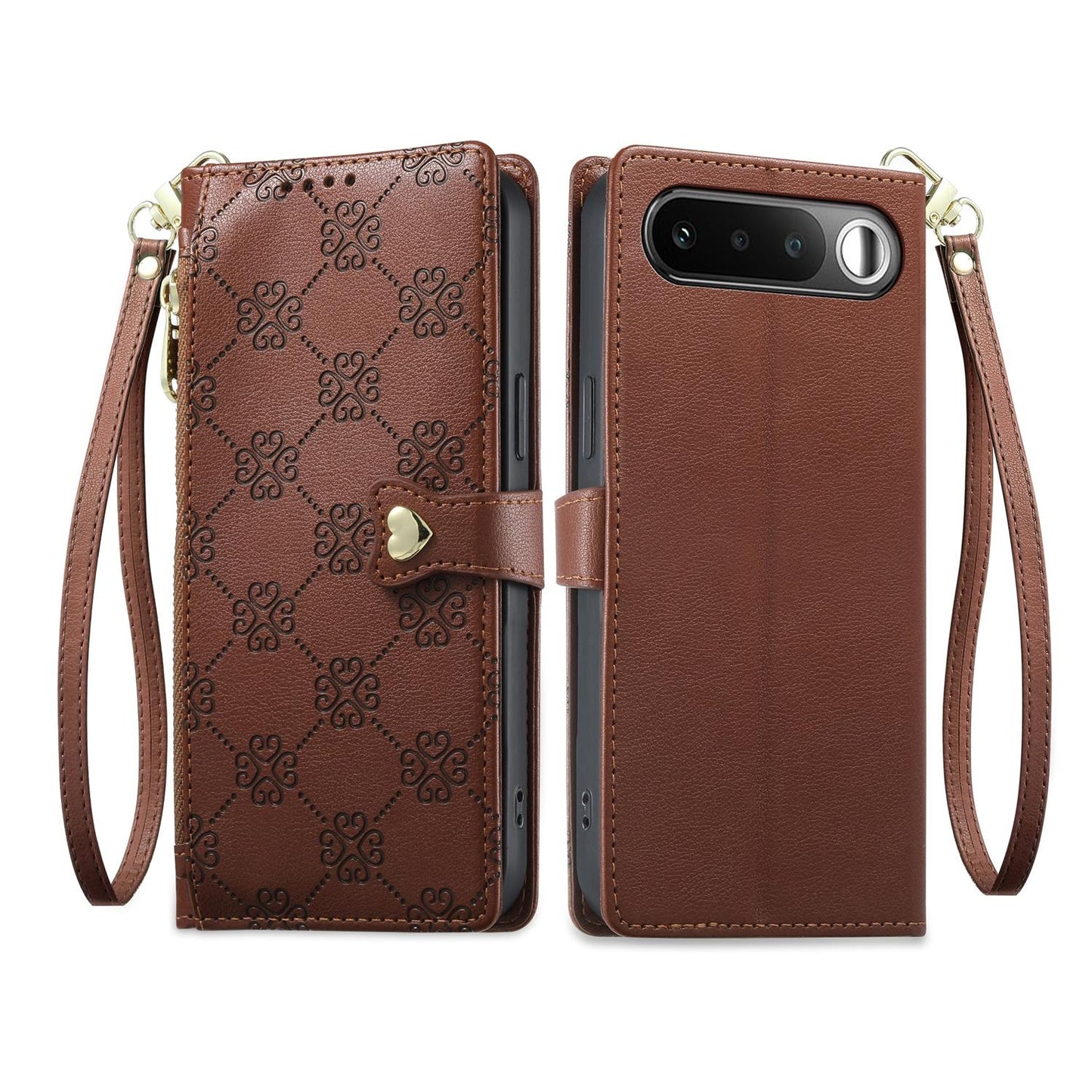 For Realme 16 5G Zipper Wallet Heart Buckle Vegan Leather Phone Case with Wrist Strap(Brown)