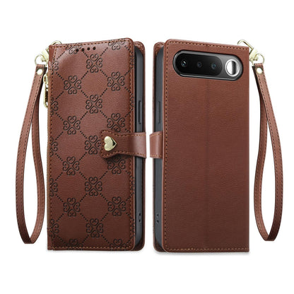 For Realme 16 5G Zipper Wallet Heart Buckle Vegan Leather Phone Case with Wrist Strap(Brown)