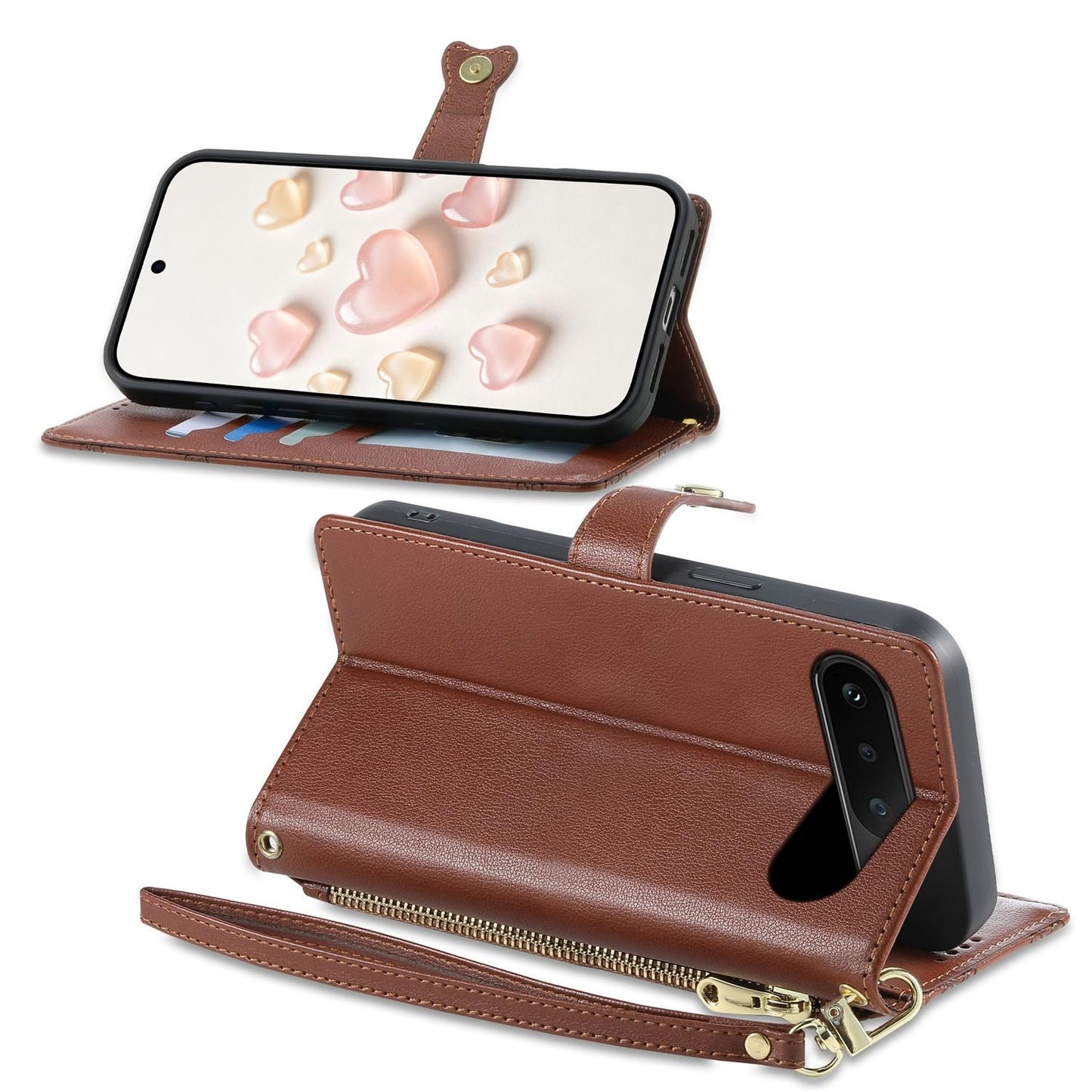 For Realme 16 5G Zipper Wallet Heart Buckle Vegan Leather Phone Case with Wrist Strap(Brown)