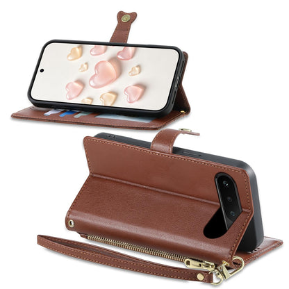 For Realme 16 5G Zipper Wallet Heart Buckle Vegan Leather Phone Case with Wrist Strap(Brown)
