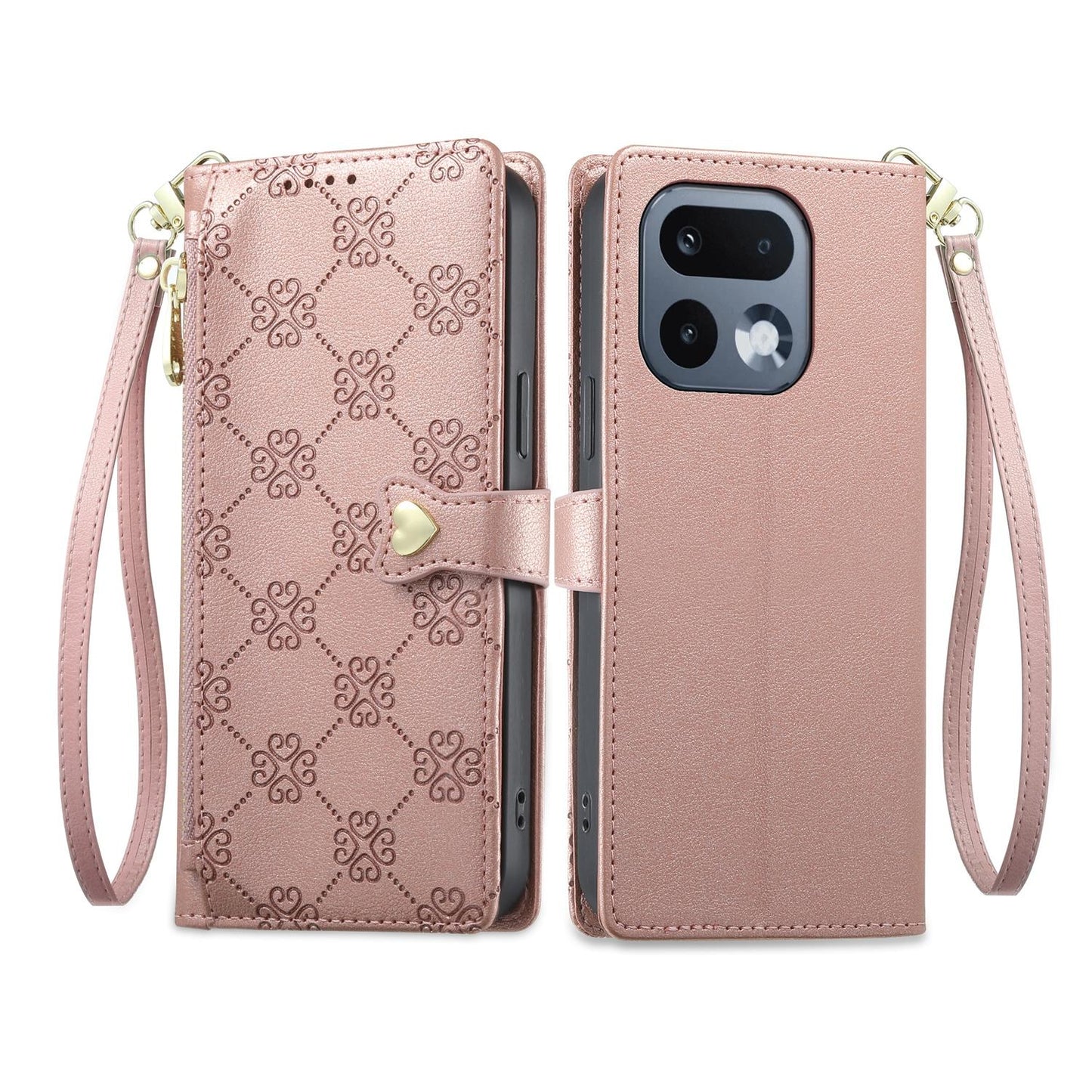 For Realme 16 Pro 5G Zipper Wallet Heart Buckle Vegan Leather Phone Case with Wrist Strap(Pink)