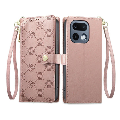 For Realme 16 Pro 5G Zipper Wallet Heart Buckle Vegan Leather Phone Case with Wrist Strap(Pink)