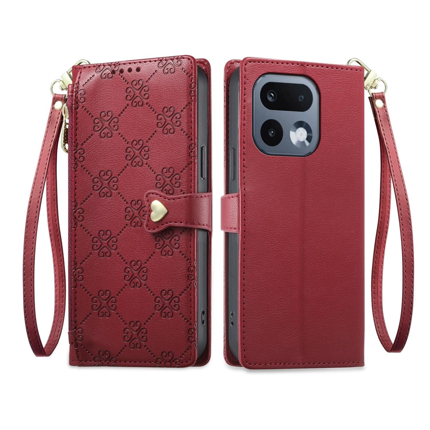 For Realme 16 Pro 5G Zipper Wallet Heart Buckle Vegan Leather Phone Case with Wrist Strap(Red)