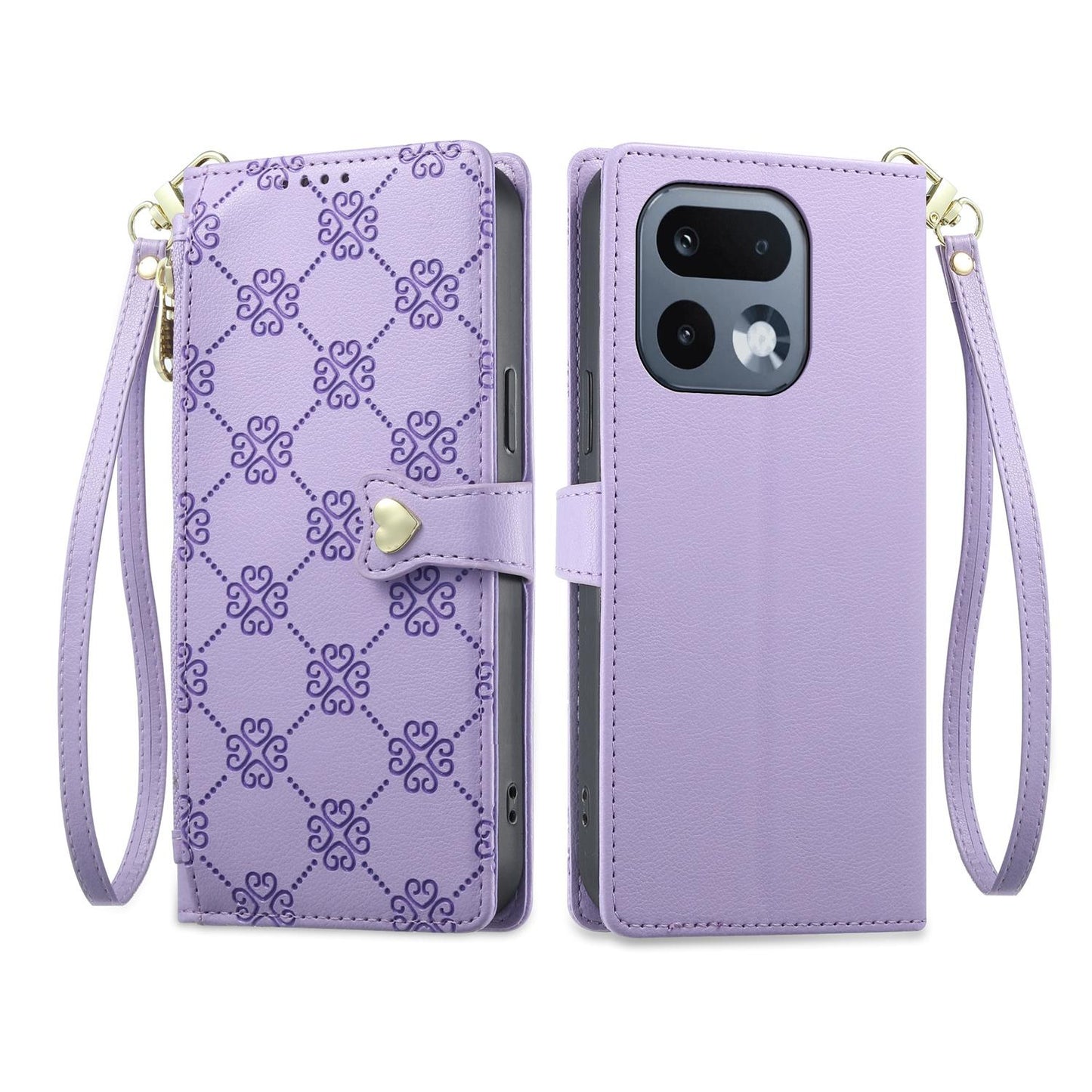 For Realme 16 Pro 5G Zipper Wallet Heart Buckle Vegan Leather Phone Case with Wrist Strap(Purple)