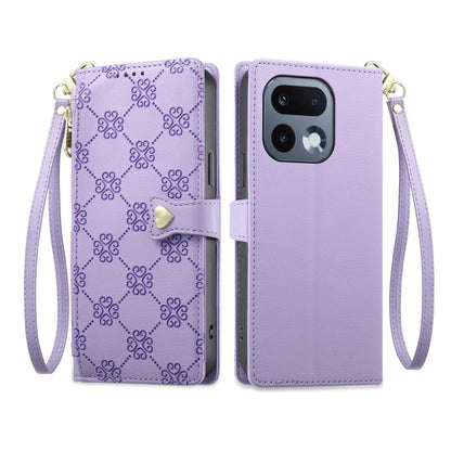 For Realme 16 Pro 5G Zipper Wallet Heart Buckle Vegan Leather Phone Case with Wrist Strap(Purple)