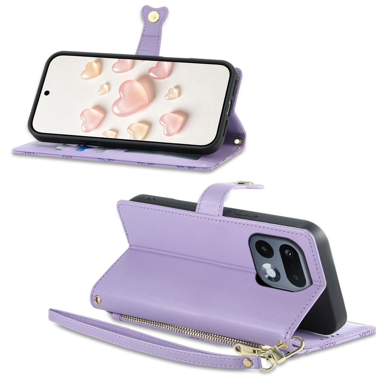 For Realme 16 Pro 5G Zipper Wallet Heart Buckle Vegan Leather Phone Case with Wrist Strap(Purple)